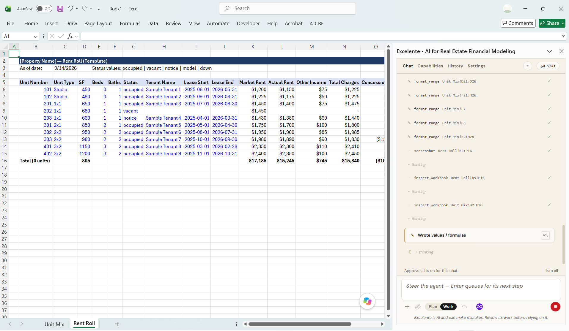 Excelente open beside a rent roll in Excel. The task pane lists the tool calls it has made (formatting ranges, taking a screenshot, inspecting the workbook) and a card showing it wrote values and formulas, with an undo control.
